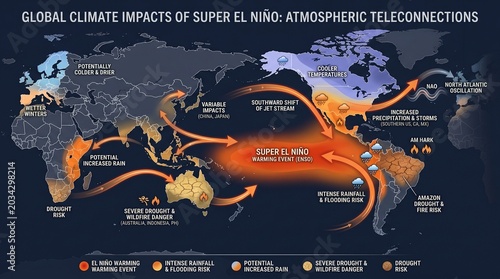 Super El Niño Global Climate Impacts of Super El Niño Atmospheric Teleconnections Map