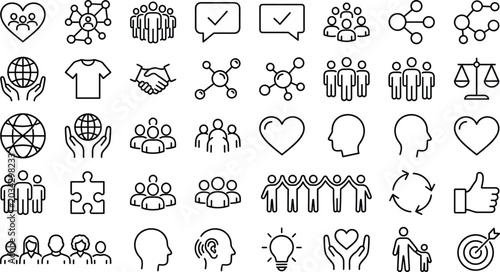 Community Teamwork and Corporate Social Responsibility Line Icon Set with Human Rights Charity Diversity and Network Symbols for Web and Mobile Apps