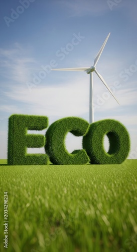 Grass covered ECO letters stand in a vibrant green field. A wind turbine generates clean energy under a clear blue sky.