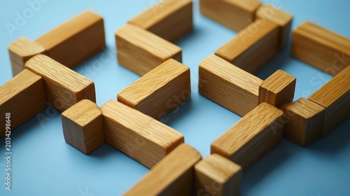 A blue background is dominated by wooden blocks interconnected in a teamwork fashion.