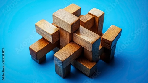 A cluster of interlocking wooden blocks arranged creatively on a purple background.
