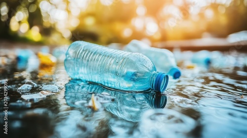 Plastic bottles and debris litter a suburban creek, highlighting environmental pollution.
