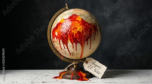 Super El Niño Globe melting with red and orange paint symbolizing Super El Nino and global warming