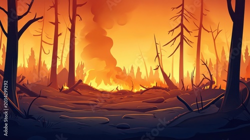 Intense wildfire devastation consuming a forest landscape with thick smoke and burning trees, illustrating natural disaster peril.