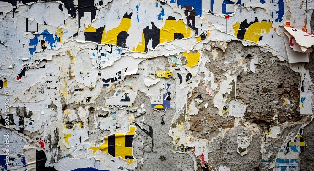 Fototapeta premium Distressed wall with torn posters and peeling paint texture