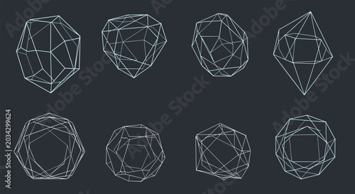 Set of eight complex low poly wireframe geometric structures or gemstones presented on a dark gray background for scientific or tech projects.