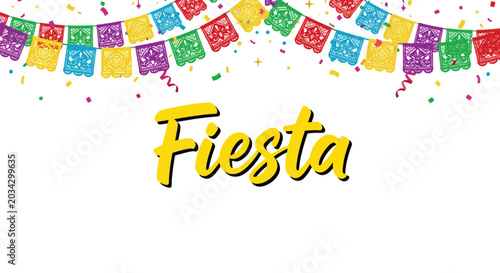 Vibrant celebration background with colorful papel picado bunting flags and confetti for a traditional Mexican fiesta or festive party.