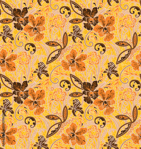 Seamless Pattern with Orange and Brown Orchids on Yellow Background