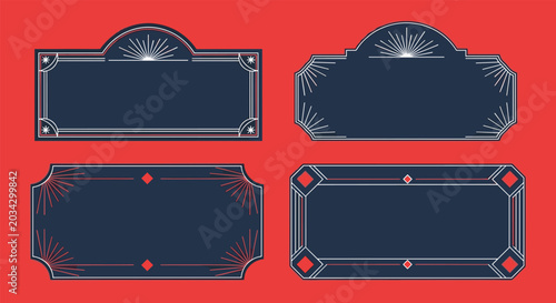 Set of four vintage ornamental frames and labels in dark blue and red with white decorative lines on a red background.