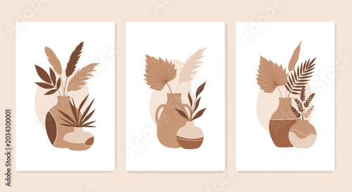 Set of three bohemian style art prints featuring abstract vases with dried pampas grass and palm leaves in earthy tones.