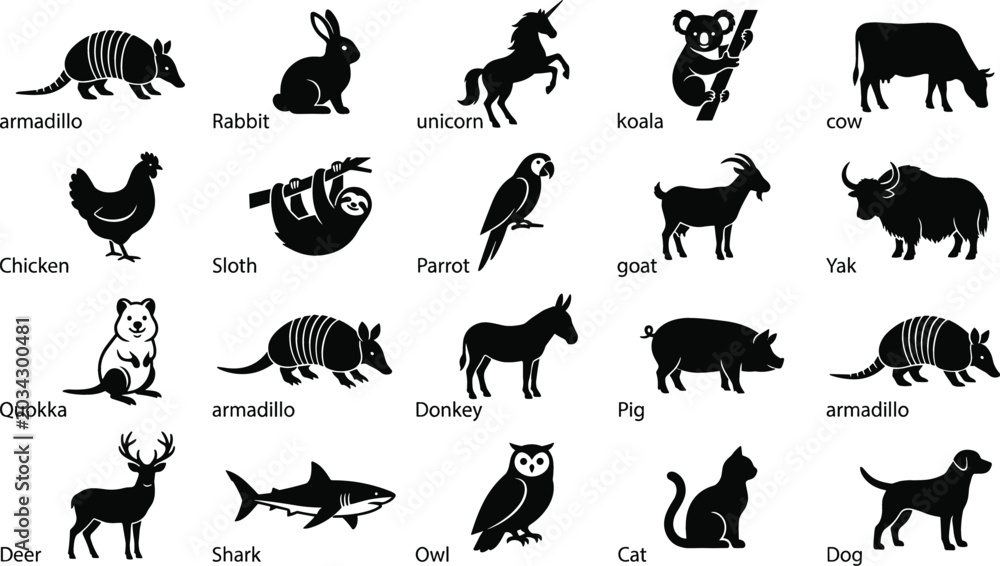 Fototapeta premium Black Animal Silhouette Vector Icon Set with Text Labels Featuring Domestic Wildlife and Mythical Creatures for Educational Poster Designs
