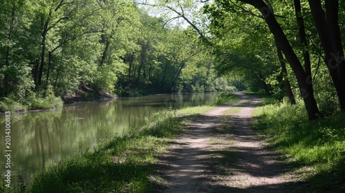 Scenic canal trail alongside a tranquil river flanked by lush green trees on a bright, sunny day