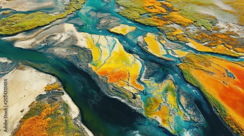 Vibrant Agricultural Runoff Creates Abstract Patterns in Rural River Landscape