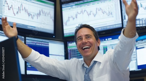 Laughing stock trader at multi screen workstation celebrating profitable market performance, investment gains and confident financial success