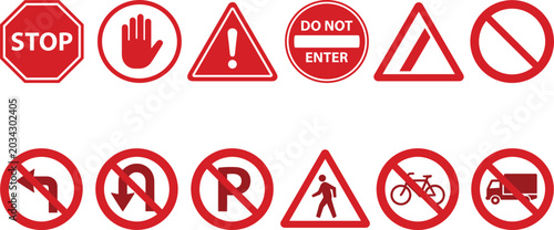 Vector illustration of various prohibition signs isolated on white background. Set includes stop sign, do not enter, no parking, no u-turn, and other warning symbols.