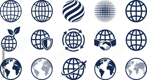 Globe outline icons set. Simple linear icon collection. Vector graphic object. Internet web outline illustration. Set of 15 simple globes on transparent background. Clean dark blue style.