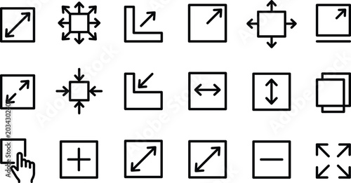 Minimize and maximize icons set. Line expand sign, reduce size interface button, scale arrows. Resize fullscreen window vectors collection