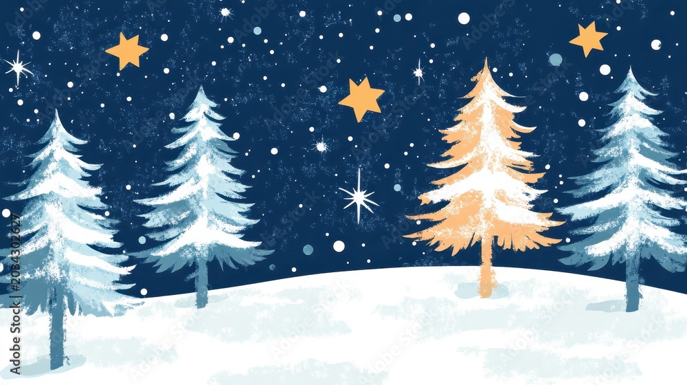 Obraz premium Winter Night Scene With Two Snowy Pine Trees and a Star in a Blue Snowy Sky