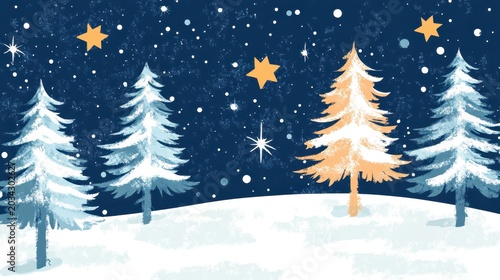 Winter Night Scene With Two Snowy Pine Trees and a Star in a Blue Snowy Sky