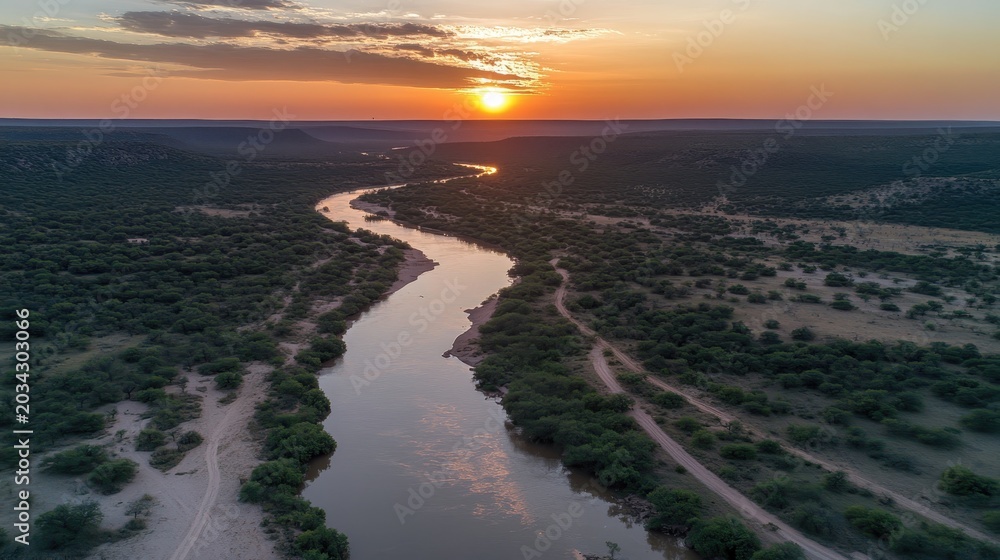Fototapeta premium Warm sunset glow over a winding river and arid landscape, capturing serene natural beauty at dusk.