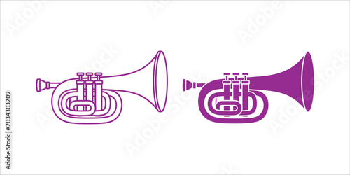 Two purple trumpets with curved bells and valves musical instruments