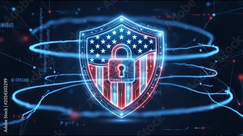 Digital security shield featuring a glowing american flag and circuit board padlock pattern in a high tech network environment