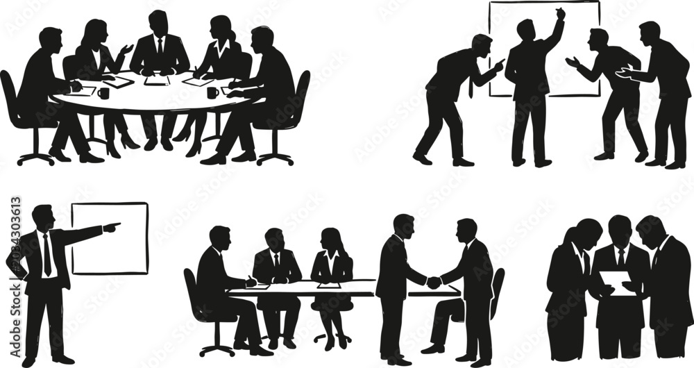 Obraz premium Professional Business Meeting and Corporate Communication Silhouette Vector Set Featuring Presentation Scenes Team Collaboration Handshakes and Executive Discussions for Office Related Graphic Designs