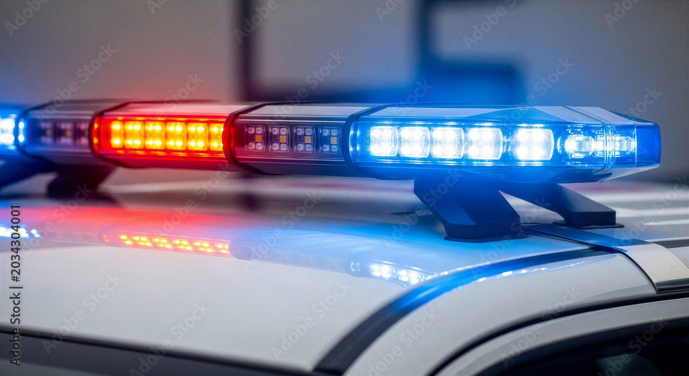 Fototapeta premium Police emergency siren lights flashing on vehicle roof at night 