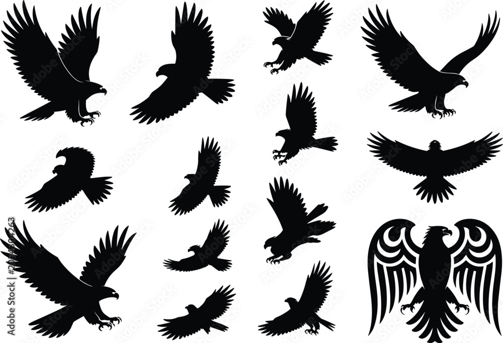 Naklejka premium Eagle bird silhouette collection with flying raptor poses and tribal emblem isolated on gray background