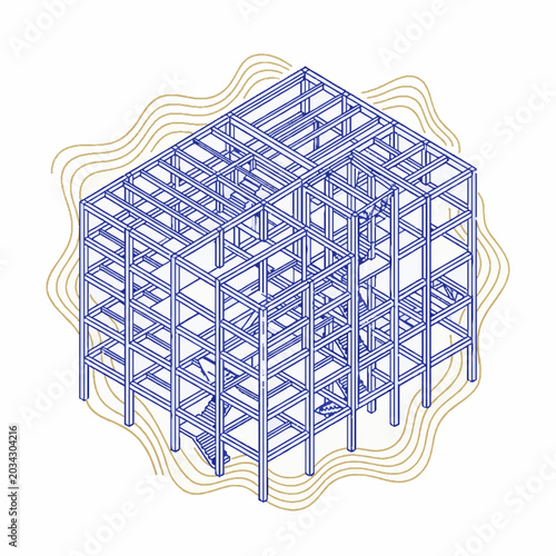 Isometric vector illustration of a multi-story building structural steel frame in blue lines on white with golden wavy accents, representing construction and architecture