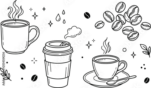 Cuadro en lienzo Coffee line icon set with hot mug takeaway paper cup espresso beans saucer spoon