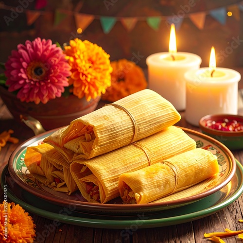 Holiday food display with tamales and flowers