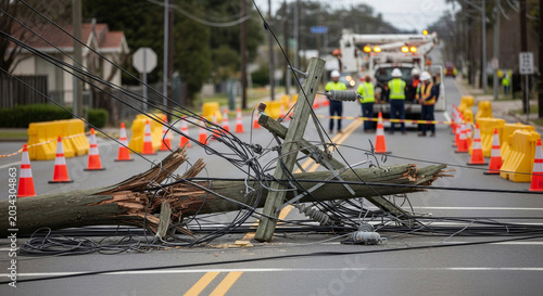 Fallen tree blocking road with downed power lines during repairs  