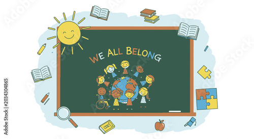 Fotografie We All Belong Concept with Diverse Children Around Globe on Chalkboard