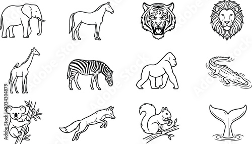 Photography Wild Animals and Safari Wildlife Line Art Icon Set Featuring Elephant, Tiger, Li
