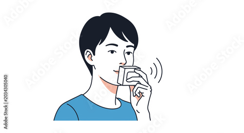 Young man using smart translator device or voice assistant