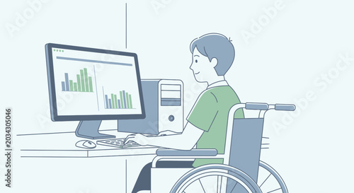 Young Person in Wheelchair Working on Computer with Data Charts