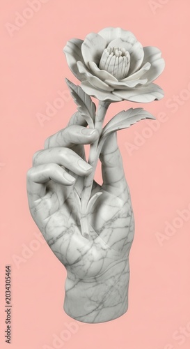 Marble hand holding a delicate flower representing the journey of female transformation