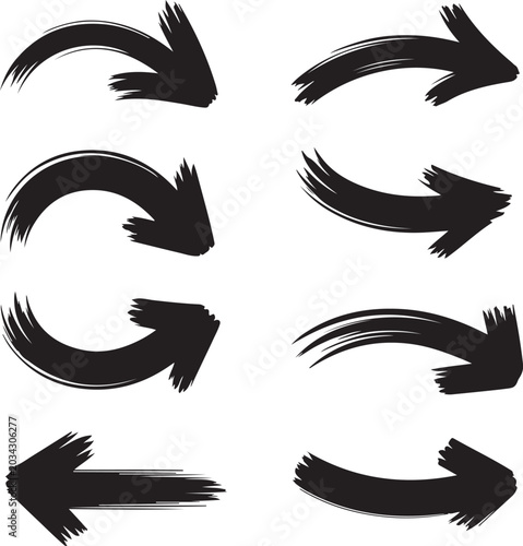 Set of eight black hand drawn brush stroke arrows pointing in different directions on white background