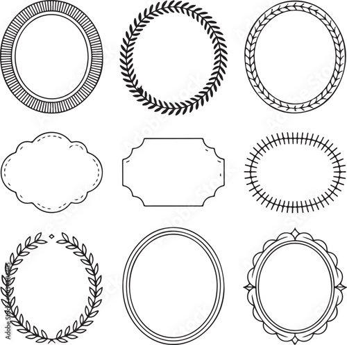 Set of nine various oval and decorative frames for labels or badges on a plain white background isolated
