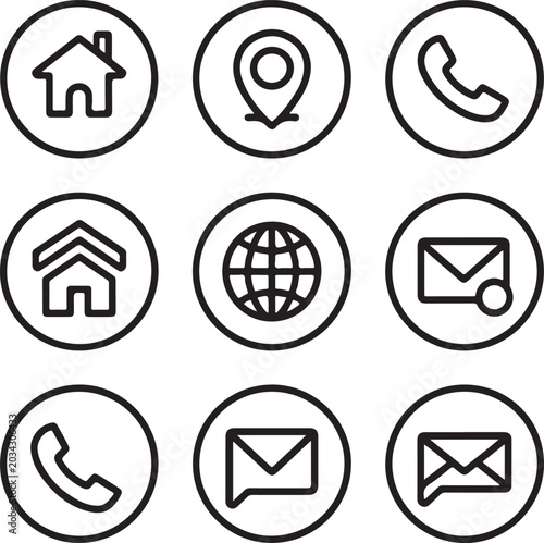 Set of nine circular contact and communication featuring home, location, phone, globe, and envelope circle