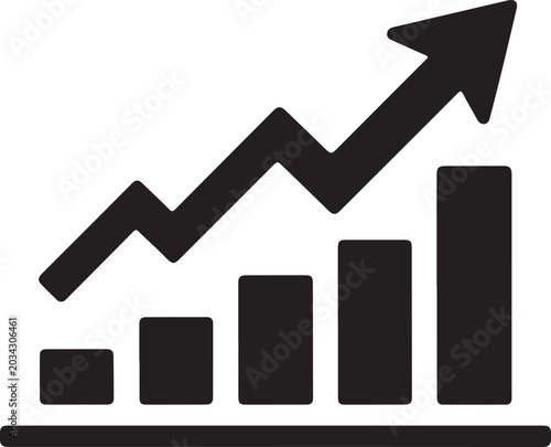 Simple black bar chart with an upward trending arrow indicating business growth and financial success
