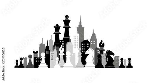 Bild auf Leinwand Chess pieces and city skyline integrated in a monochrome vector illustration rep
