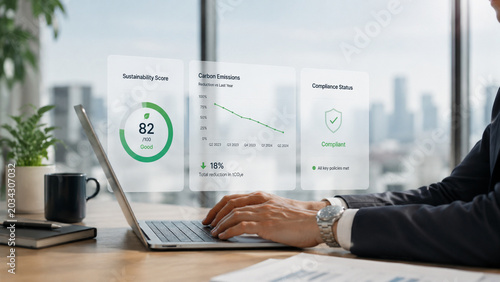 ESG Analytics on Executive Laptop Workspace With Corporate Sustainability Metrics and Clean ESG Analytics Interface