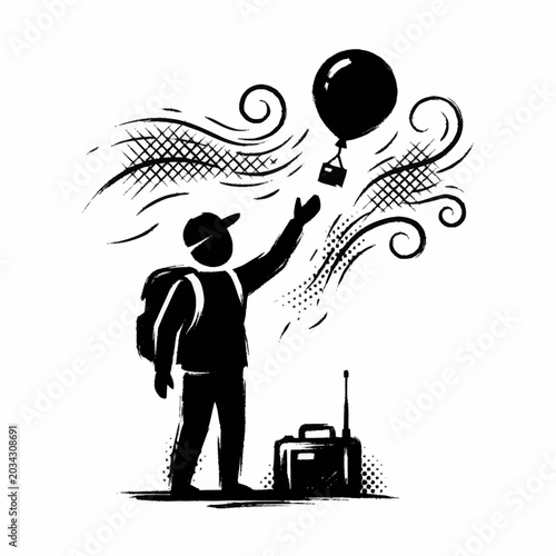 Foto Man releasing a balloon with a package attached to it.