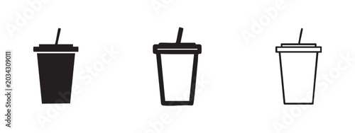 Schilderij op canvas Disposable soda or drink cup with straw icon set for beverages in solid, bold, and thin outline styles