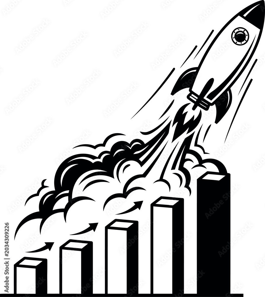 Fototapeta premium Rocket ship launching over bar graph representing rapid business growth and success