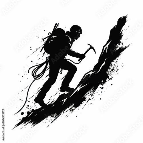Tableau sur toile Silhouette of a climber ascending a steep rocky slope with an ice axe