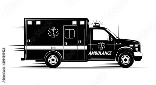 An ambulance speeds down the road with emergency lights on