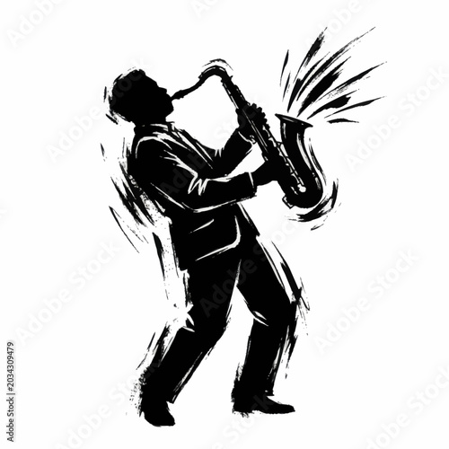 Photos Silhouette of a man playing saxophone with energetic brush strokes